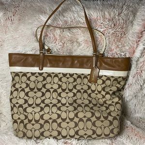 Coach Leather Trim Signature Tote in Khaki